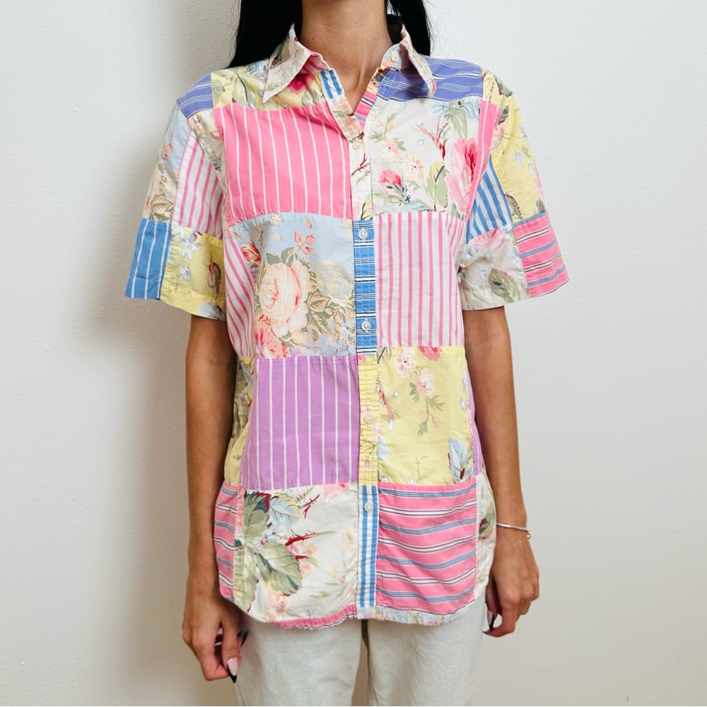 Vintage Ralph Lauren Patchwork Button-Up Shirt Floral Striped Boho - Picture 4 of 9